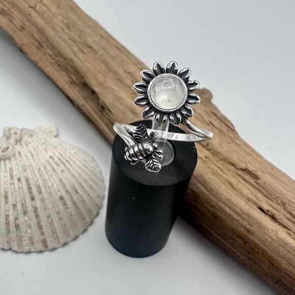 Moonstone Sterling Silver Bee & Sunflower Ring - Picture 1 of 6